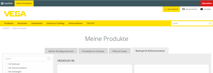 Screenshot myVEGA Meine Produkte